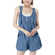 Mouwloze jumpsuit met korte broek voor meisjes, katoen-linnen model, korte overall voor tienermeisjes, verstelbare bandjes, donkerblauw, 13-14 jaar.