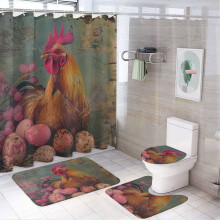 4-delige paasdouchegordijnset met antislipmat, toiletbrilhoes en badmat, haanmotief, 12 haken, 183 x 183 cm, geschikt voor standaard douches