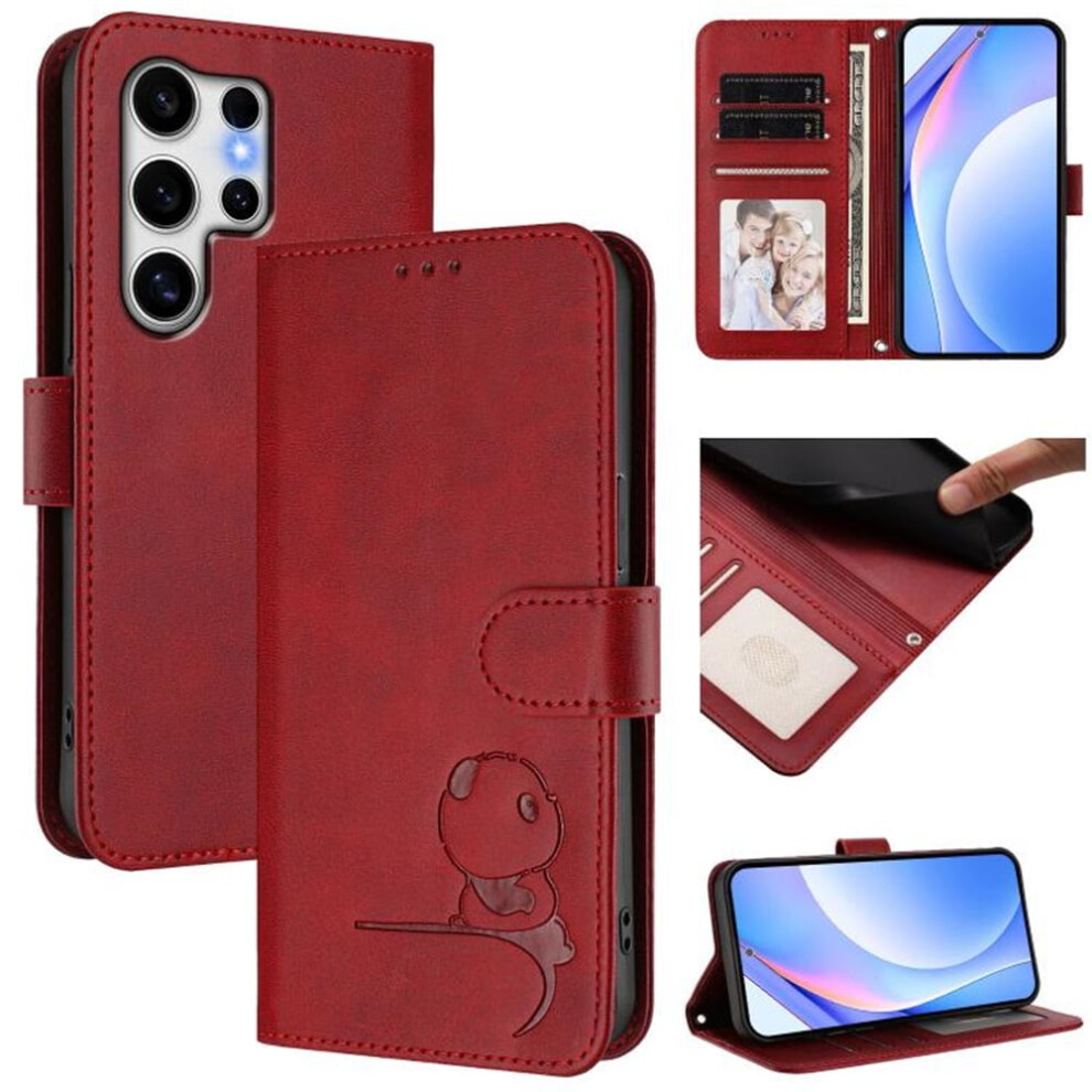 Litter Panda Embossed Leather Case For Samsung Galaxy S25 Ultra 5G Â Rfid Wallet, Magnetic Clasp, Flip Stand, Wine Red 9482726186786