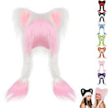 Kattenoortjesmuts met vlechtjes, schattige pluche dierenoortjesmuts met staartjes, zachte warme wintermuts voor dames, leuk cosplay-accessoire en