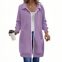 Langærmet sweatshirt med lynlås og revers til kvinder, løs pasform, casual frakke – ensfarvet, efterårs-/vintermode (kompatibel med alle