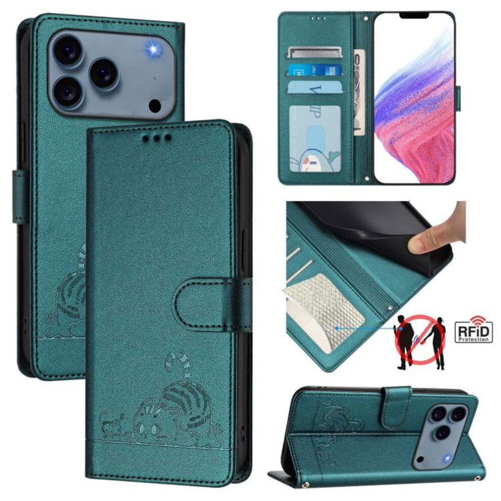 Compatible With Iphone 17 Pro Max 6.9" Rfid-Blocking Pu Leather Flip Wallet Case With Cat Emboss, Strong Magnet, Card Slots, Pocket & Hanging Green 9482726187974