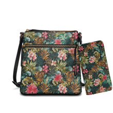 Leren crossbodytas en portemonneeset met hibiscus- en palmbladprint voor dames, schoudertas met meerdere vakken en verstelbare riem, ideaal voor