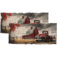 Rideaux de cuisine style camion rouge vintage, motif ferme rustique, à œillets, 137 x 46 cm, 2 panneaux, compatibles avec les tringles standard