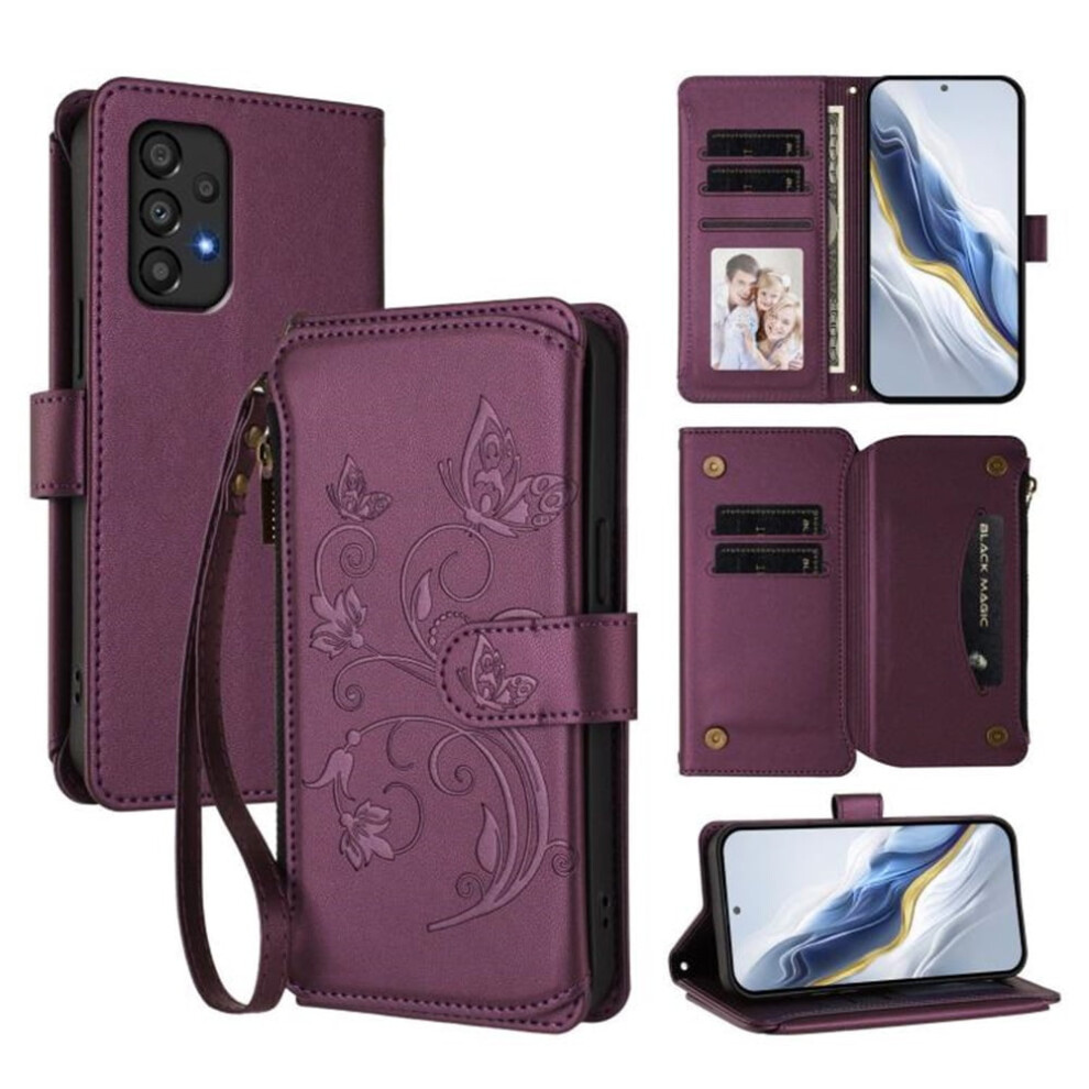 Magnetic Clasp Flip Stand Case For Compatible With Samsung Galaxy A33 5G Â Dark Lanyard, 5-Card Holder, Butterfly Flower Design Purple 9482726188759