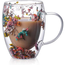 Tasse à thé double en verre à fleurs préservées, esthétique, isotherme avec anse, résistante à la chaleur et sans plomb, cadeau pour femme