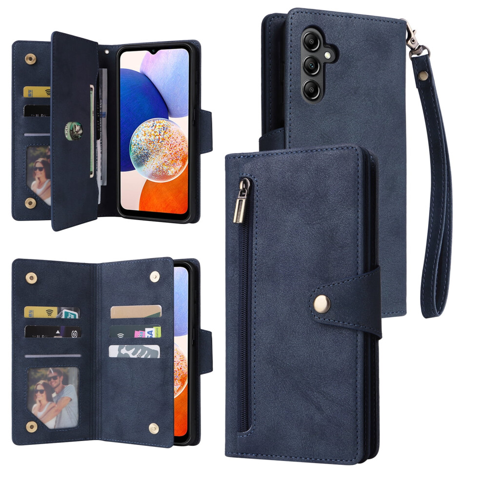 Magnetic Pu Leather Wallet Case For Samsung Galaxy A15 5G Â With Card Slots, Zipper, Wrist Strap, Kickstand Blue 9482726190288