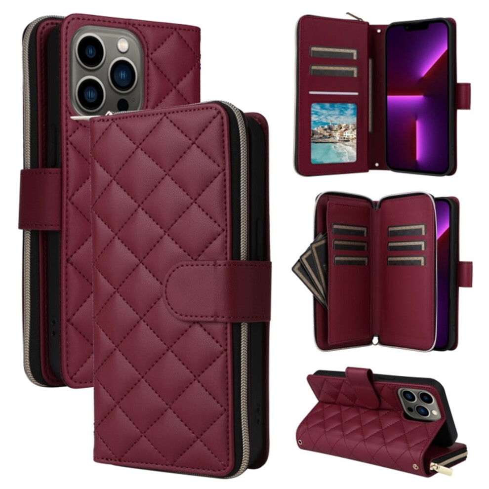 Magnetic Flip Wallet Case For Iphone 13 Pro: 9-Card Slots, Zipper Pocket, Detachable Shoulder & Wrist Straps, Wine Red 9193271149170