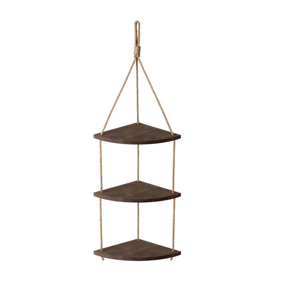 Rustic Wood Shelves, Floating Wall Shelving For Decor And Storage, Three-Tier Display With Adjustable Hemp Rope, Ideal For Corner Mounting In Any Room 9425574427366