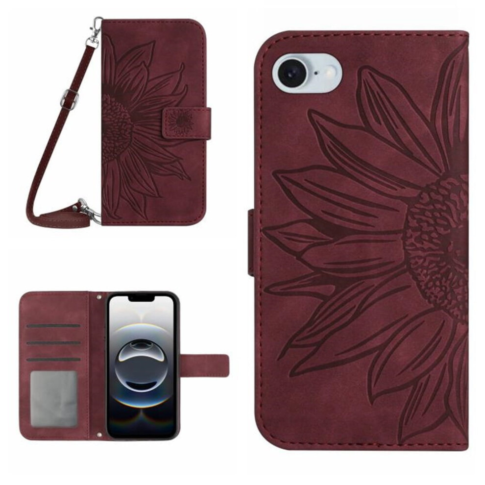 Sunflower Embossed Pu Leather Flip Wallet Case With Magnetic Closure, Card Slots & Hanging Rope Â Wine Compatible With Iphone 16E Red 9193271147640