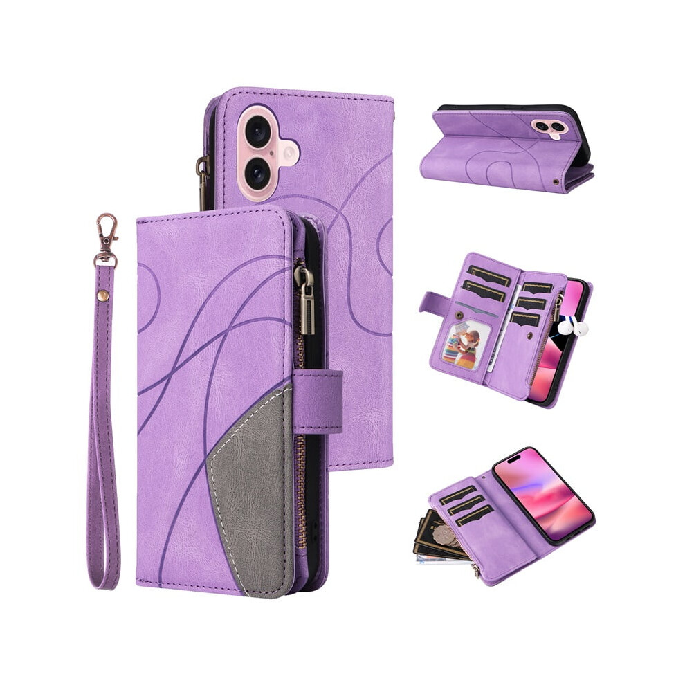 Iphone 16 Wallet Case With 9-Card Holder, Zipper Pocket, Magnetic Closure, Pu Leather Folio & Wrist Strap Â Purple 9193271147183