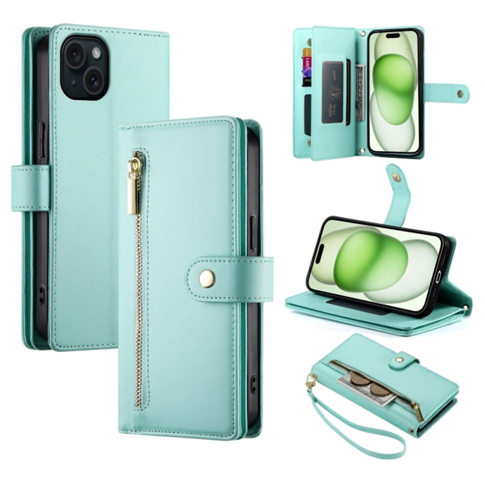 Leather Wallet Case For Iphone 15 Plus (6.7") Â Multi-Card Slots, Zipper Pocket, Lanyard Strap, Wristlet Â Compatible With Iphone 15 Plus Green 9193271148562