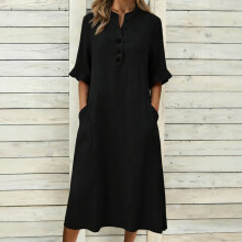Robe d'été ample en lin noir uni, col en V, manches mi-longues, longueur mollet, taille XL – Tenue décontractée et de vacances