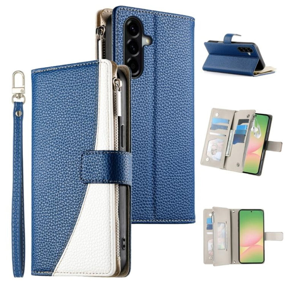 Dark Pu Leather Flip Wallet Case For Samsung Galaxy A56 5G 6.7" Â Splicing Design, Multi Card Slots, Zipper Pocket, Strong Magnetic Closure, Blue 9193271147343
