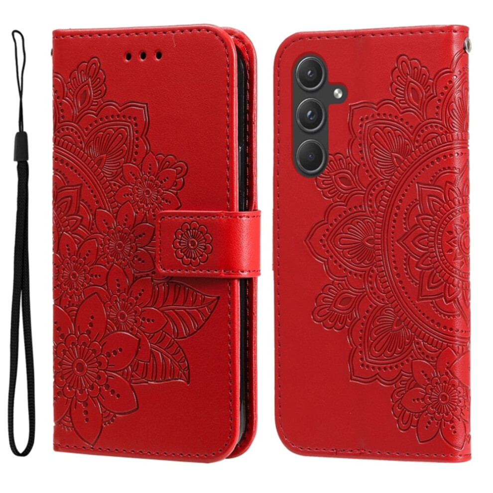 Pu Leather Flip Wallet Case For Samsung Galaxy A55 5G 6.6" Â Magnetic Closure, Card Slots, Hanging Rope, Seven Petal Flower Embossed Red 9193271148869