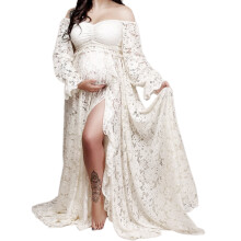 2 in 1 Offs Shoulder Lace Maternity Dress for Photography Split Pregnancy Long Dresses Gown for Photo Baby Shower
