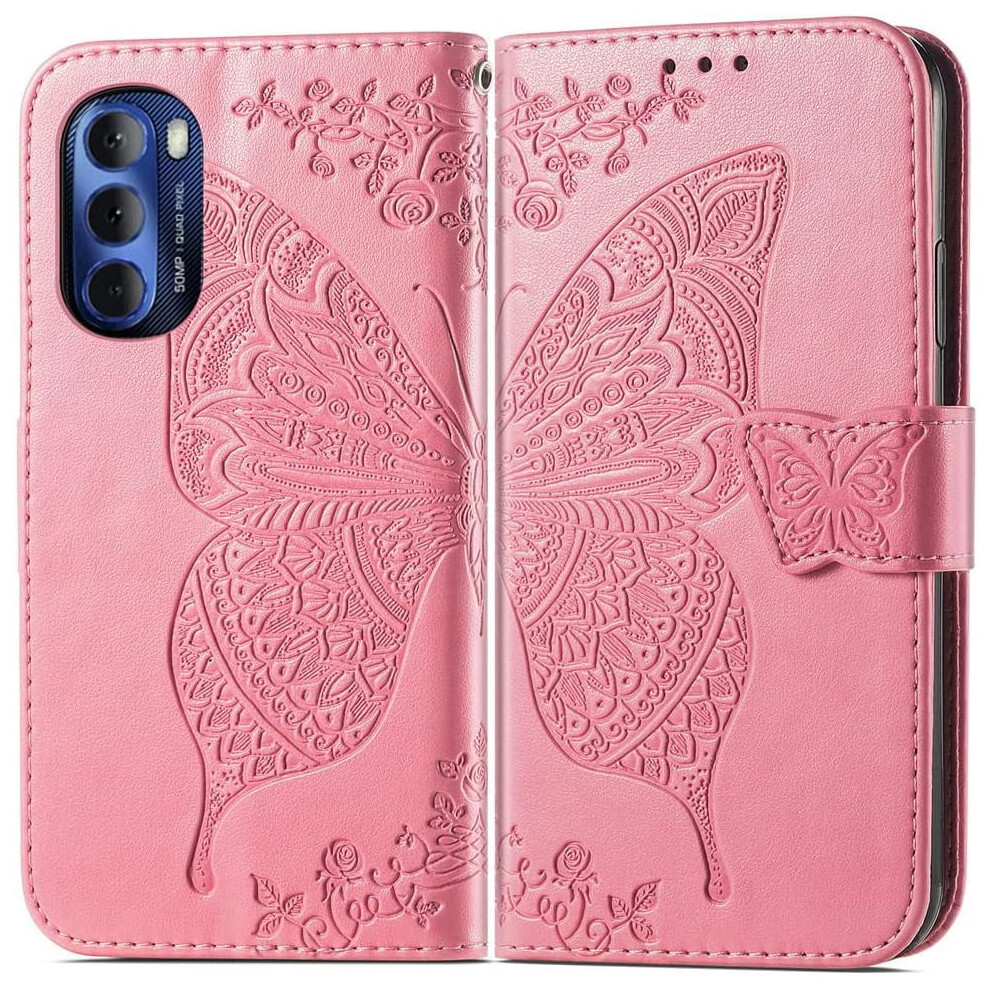 Compatible With Motorola Moto G Stylus 5G 2022 Â Butterfly Leather Wallet Case With Kickstand, Magnetic Closure & Card Holder Pink 9327961791374