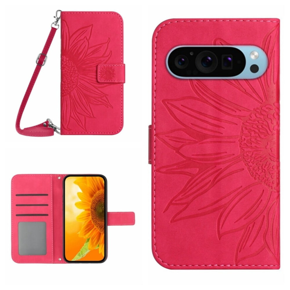 Rose Pu Leather Flip Wallet Case For Google Pixel 9 Pro Xl / Pixel 10 Pro Xl 6.8", Sunflower Embossed, Strong Magnetic Closure, Card Slots, Red 9327961793309