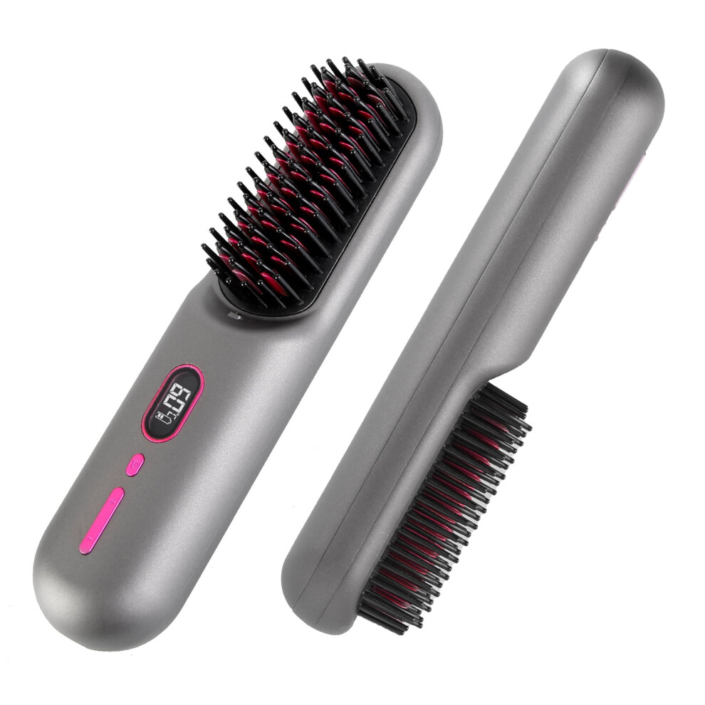 Teqhome Cordless Hair Straightener Brush, 20M Negative Ions, 12 Heat Levels, 30s Preheat, Auto Sleep, LCD Display â Grey