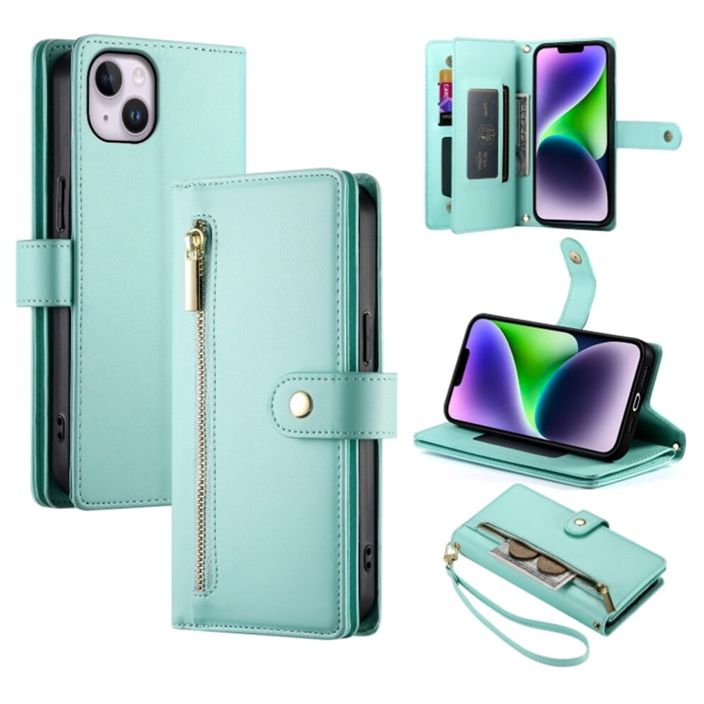 Leather Wallet Case For Iphone 14 Plus (6.7") Â Multi-Card Slots, Zipper Pocket, Lanyard Strap, Wristlet Â Compatible With Iphone 14 Plus Green 9327961792487