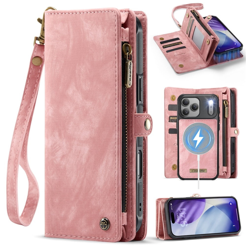 Caseme Leather Wallet Case For Iphone 17ÂDetachable, 8-Card Holder, Zipper Bills Slot, Magnetic Shockproof Flip Cover, Pink 9327961792517