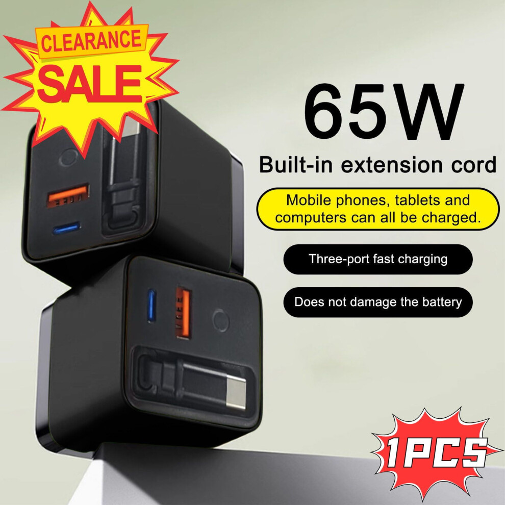 65W 3-In-1 Fast Charger With Usb-C Cable And Dual Usb Ports 975221358448