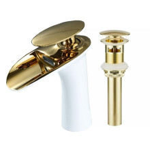 Waterfall Bathroom Faucet with Pop up Drain(with Over Flow) 1 Hole Mount Hot Cold Basin Mixer Tap Single Lever Brass Faucet White Gold Finish