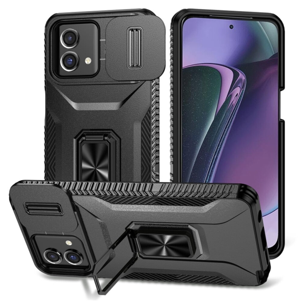 Slim Shockproof Hybrid Case For Motorola Moto G Stylus 5G 2023 (6.6"), With Slide Camera Cover & Rotated Ring Kickstand, Military-Grade, Black 9353595702721