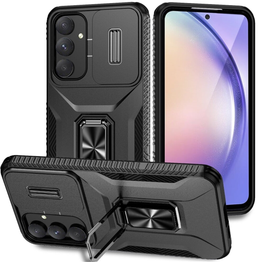 Slim Fit Shockproof Hybrid Case For Samsung Galaxy A55 5G – Slide Camera Cover, Rotated Ring Kickstand, Military-Grade, Black 9353595703674