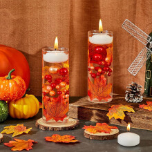 Thanksgiving Vase Fillers With Pumpkins Pinecones Beads - Artificial Maple Leaf Centerpieces For Holiday Table Floating Candle Party Decorations