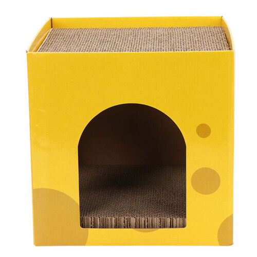 Maison percée en forme de fromage pour chat – Papier ondulé, 30x30x30cm 1