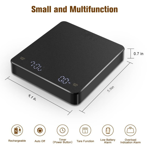 Precision Drip Espresso Scale, Digital Coffee Scale with Timer and Tare Function, Type-C Recharge3kg/0.1g Accuracy, High Precision Load Cells LED 2