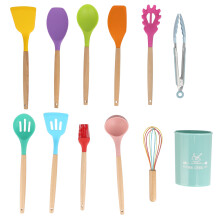 Food Grade BPA Free Silicone Kitchen Tools, Non-Stick Cookware Friendly Wooden Handle Utensils, Heat Resistant Set for Everyday Cooking and Baking