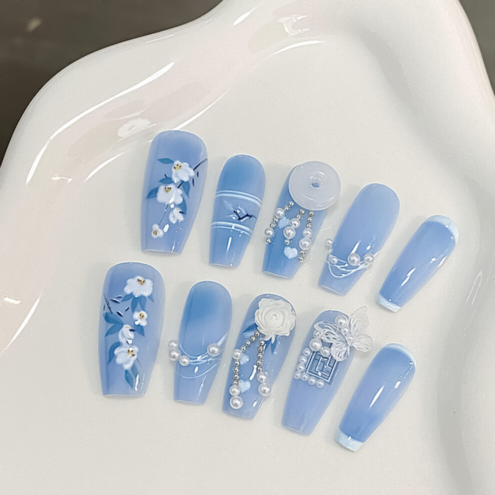 Dachuang Beauty Blue (S) Floral Fake Nails - Odorless & Eco-Friendly