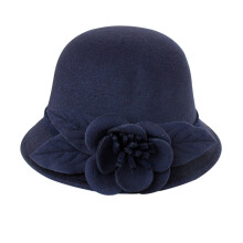 Bøllehat Dame 1920'erne Bøllehat Cloche Hat Vinter Uld Knuselig Bowlerhat Vintage Cloche Rund Hat med Blomst Lille Bowlerhat (Marineblå, One Size)