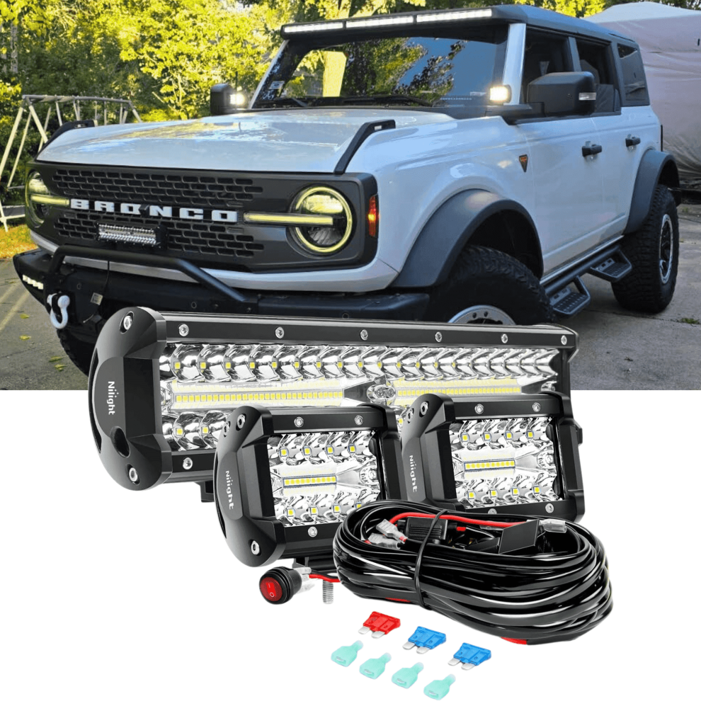 Led Bar Set, 12" 300W Triple Row Spot Flood Combo With 2Pcs 4" 60W Pods And Wiring Harness For Off-Road Vehicles Light 9136381470734