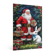Vintage kerstman en konijn wanddecoratie – Feestelijke kerst canvasprint voor woonkamer, keuken en slaapkamer.