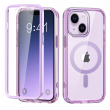 Magnetisk iPhone15-cover med indbygget skærmbeskytter, stødsikkert og støvtæt Folio Flip-cover – kompatibel med MagSafe, lyselilla