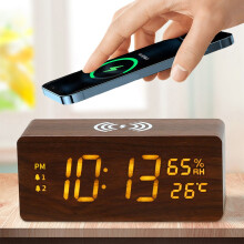 Chargeur sans fil en bois 15 W avec horloge, affichage de la température et de l'humidité, veilleuse LED, alarme intelligente et charge rapide.
