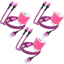 3 stk. 2-i-1 USB-C-kabel (120 cm) + USB-veggladerblokk – kompatibel med iPhone og Android, hurtiglading