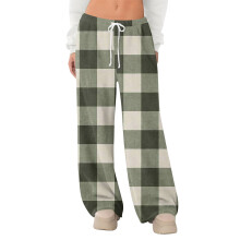 Calça de pijama feminina de fleece, pernas largas, cintura elástica com cordão, estampa xadrez, verde claro, tamanho P