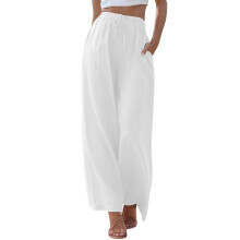 Pantaloni de plajă de vară cu talie înaltă și talie înaltă, din bumbac și in, pentru femei, 2025, culoarea alb, L