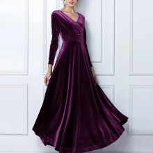 Elegantes Samt-Maxikleid in Übergröße für Damen, langärmelig, V-Ausschnitt, bodenlang, A-Linien-Schnitt, für festliche Anlässe und Partys,