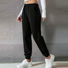 Calça de moletom feminina casual de cintura alta com cinto e bolsos, preta, tamanho P.