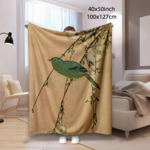 Flannel Blanket | Beige Green Bird Pattern, Soft & Warm, Lightweight, All Season, Suitable for Couch & Bed, Multipurpose Use, Vintage Style