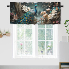 Cantonnière à motif paon pour fenêtre de cuisine – Design rétro animalier vert jardin, style art asiatique, passe-tringle, 137 x 46 cm, 1