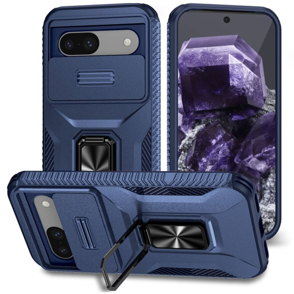 Slim Shockproof Hybrid Case For Google Pixel 8A – Slide Camera Cover, Rotating Ring Kickstand, Military-Grade, Compatible With Google Pixel 8A Blue 9482726193654