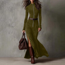 Cadancy Maxikleid aus Wildlederimitat mit Stehkragen, Reißverschluss und Seitenschlitz – Vintage-Western-Cowgirl-Stil, Herbst-/Winter-Outfit