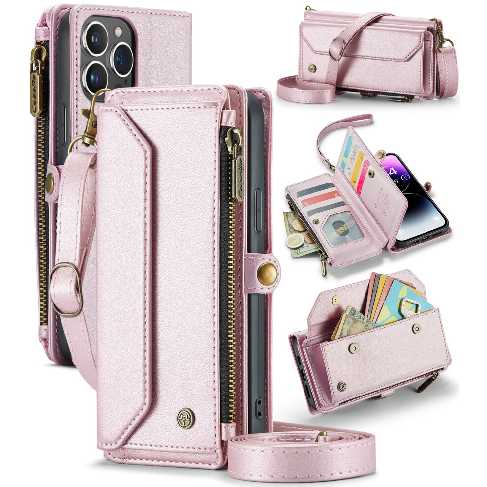 Caseme Leather Wallet Case For Iphone 14 Pro Max 6.7": Rfid Blocking, 10-Card Holder, Zipper Bills Slot, Magnetic Wrist Strap 9482726194378