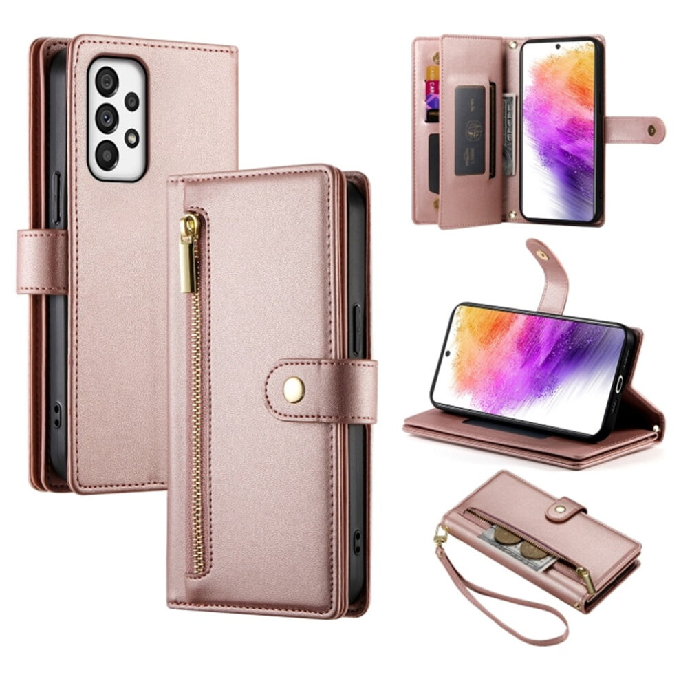 Leather Wallet Case For Samsung Galaxy A73 5G Â Multi-Card Slots, Zipper Pocket, Lanyard Strap, Wristlet Pink 9482726195269